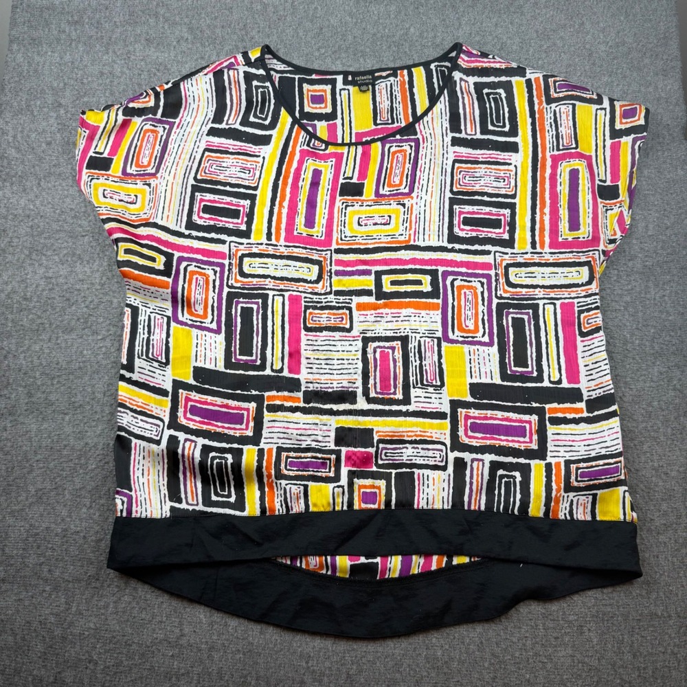 Rafaella Studio Blouse Women's Large Multi Color Geometric Print‎ High Low Top